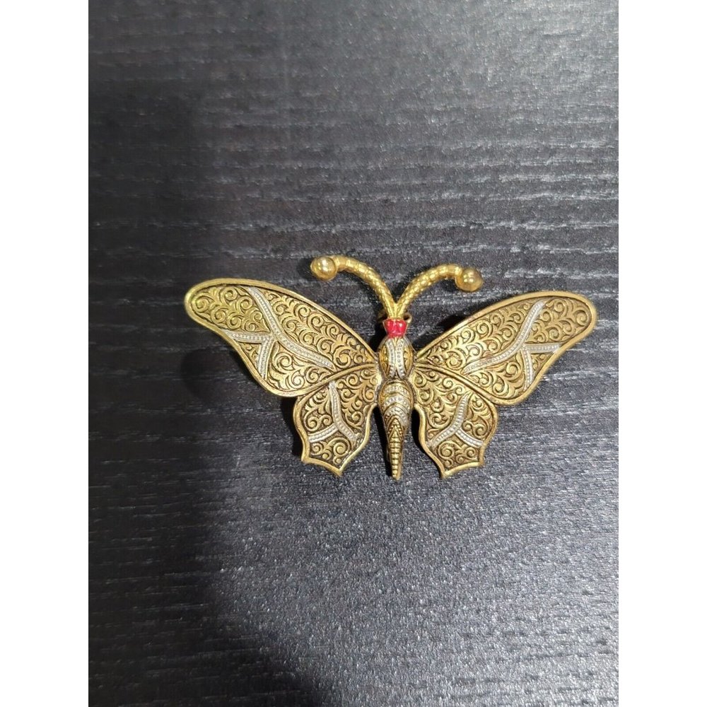 Vintage Spain Damascene Black Enamel Gold Tone Butterfly Brooch Pin